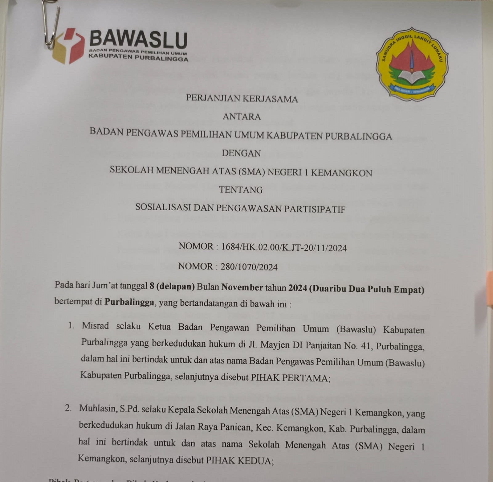 Masifkan Pengawasan Partisipatif, Bawaslu Purbalingga Ajak 63 SMA Sederajat se-Purbalingga Teken MoU Kerjasama Sosialisasi dan Pengawasan Partisipatif