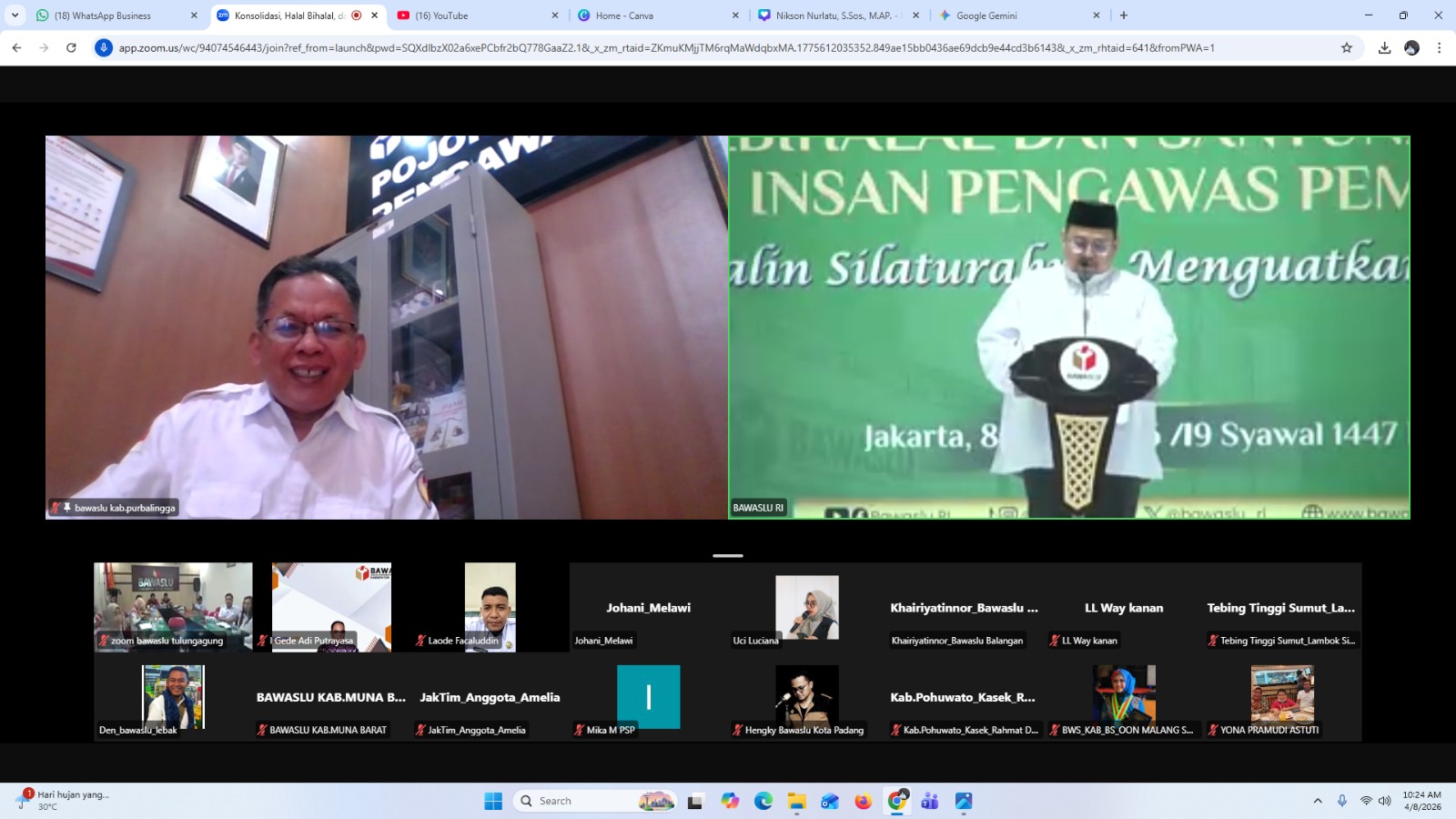 Jalin Silaturahmi, Bawaslu Purbalingga Ikuti Halal Bihalal Dan Konsolidasi Nasional Secara Daring