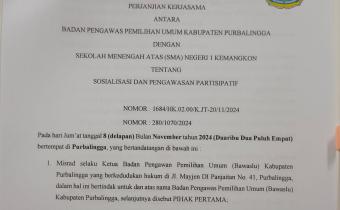 Masifkan Pengawasan Partisipatif, Bawaslu Purbalingga Ajak 63 SMA Sederajat se-Purbalingga Teken MoU Kerjasama Sosialisasi dan Pengawasan Partisipatif